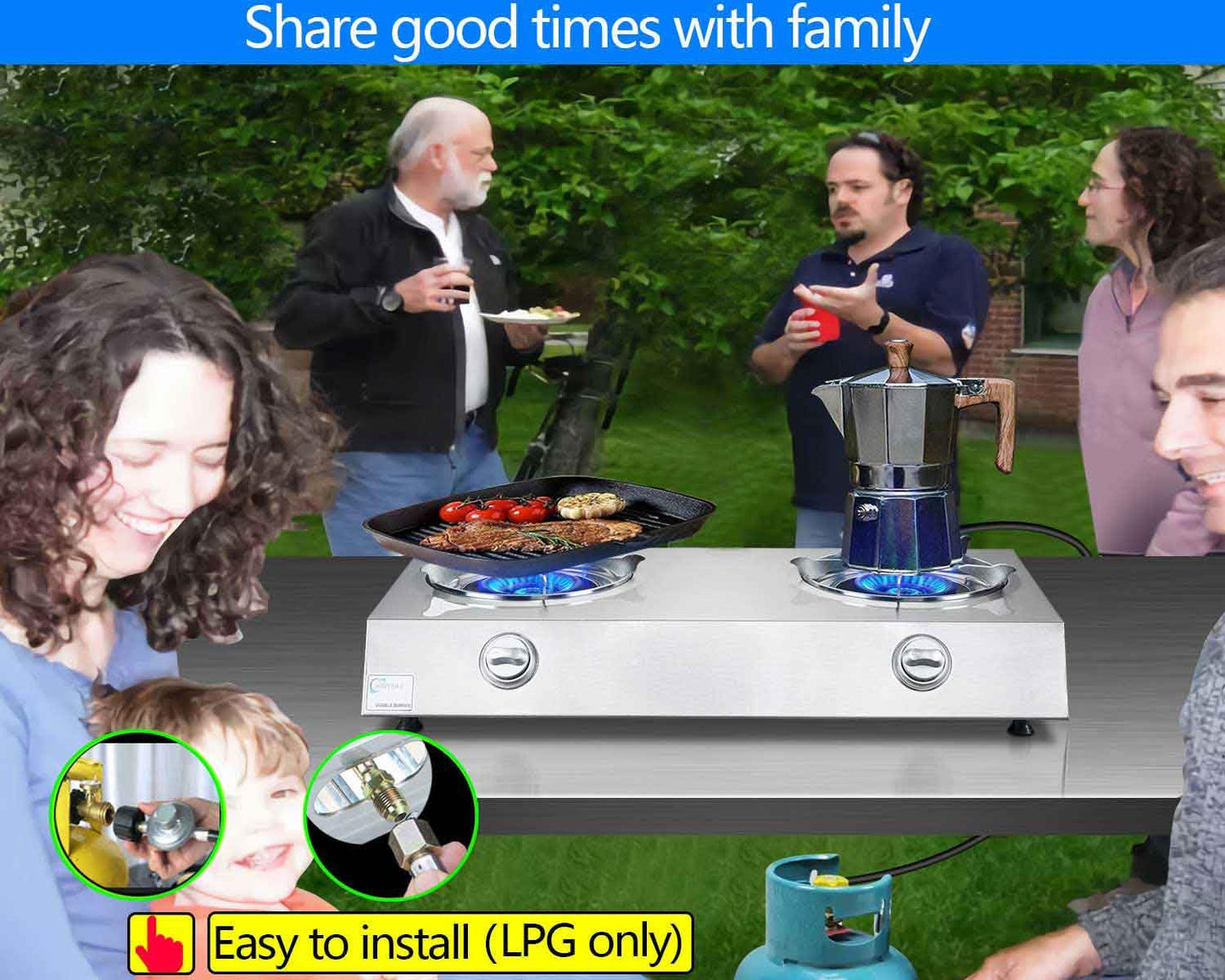 Horynar Propane Stove 2 Burner Auto Ignition Propane Burner 26000 BTU Gas Stove with CSA LPG Hose for Outdoor, Emergency