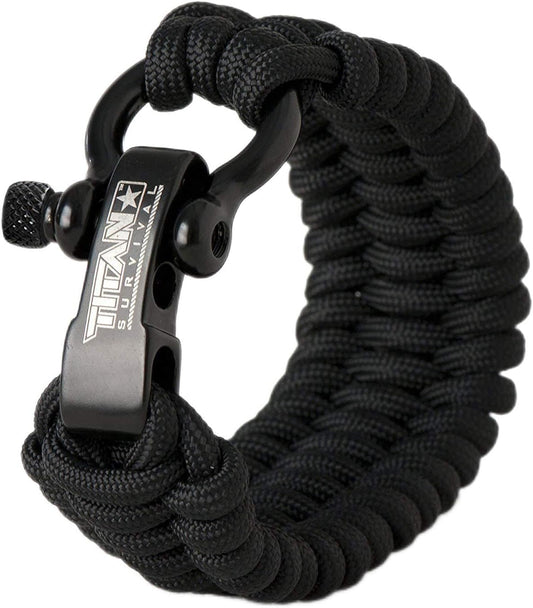 Titan Paracord Survival Bracelet | BLACK | LARGE (Fits 8" - 9" Wrist) | Made with Authentic Patented SurvivorCord (550 paracord, fishing line, snare wire, and waxed jute for fires)