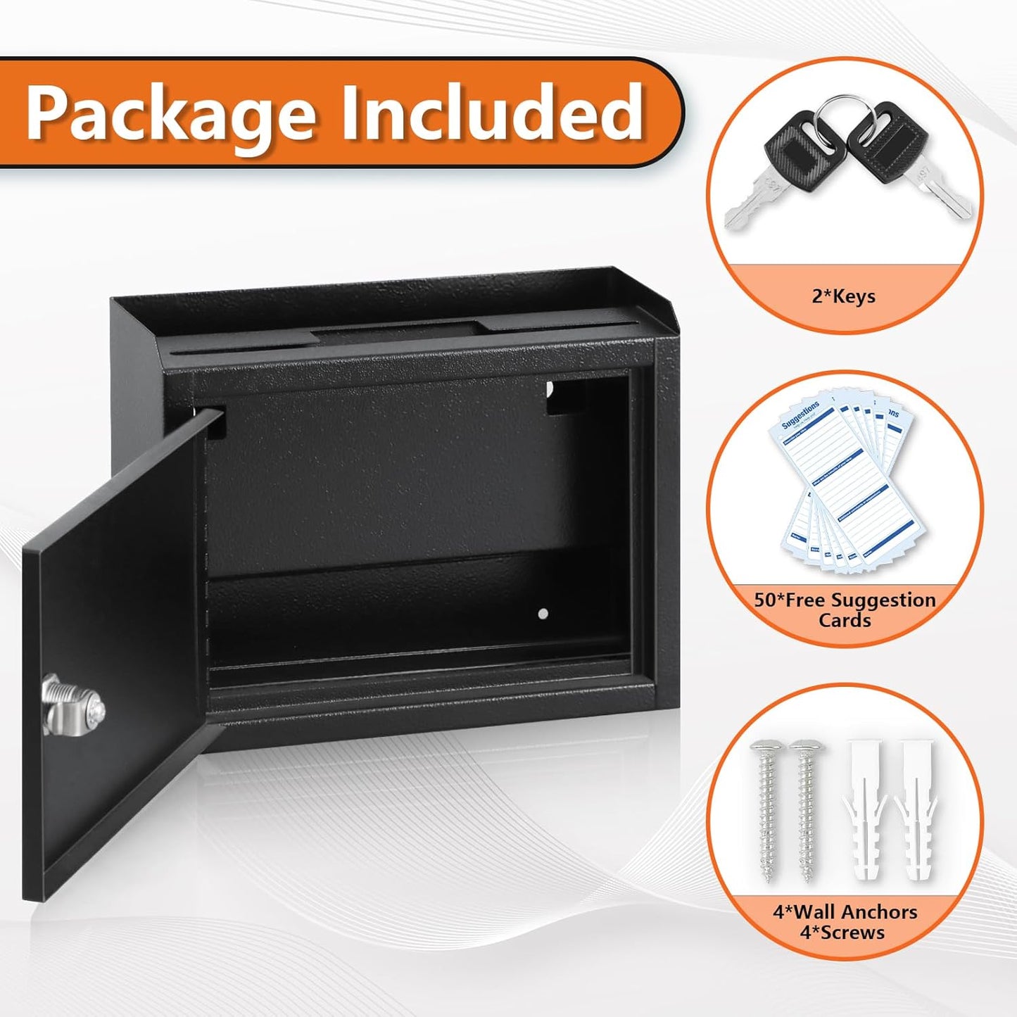 KYODOLED Suggestion Box with Lock and Slot, Small Locking Mailbox for Office, Wall Mount Safe Money/Key Drop Box with 50 Free Suggestion Cards, 9.8" W x 3" D x 7" H, Black