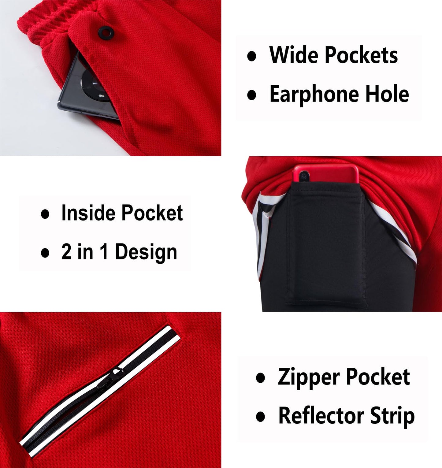 Aserlin Men's Athletic Shorts 2 in 1 Workout Running Shorts with Reflective Zipper Pockets and Towel Loop Gym Mesh Shorts-Red-L