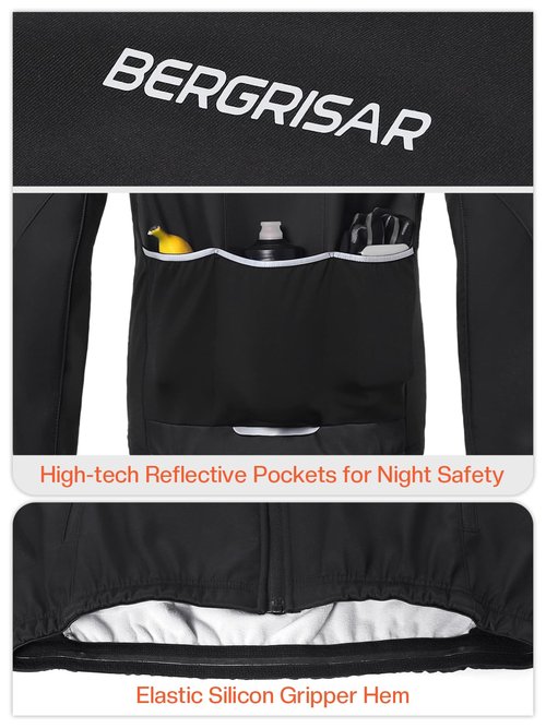 BERGRISAR Winter Cycling Jacket for Men with 6 Pockets Windproof Thermal Softshell Bike Jacket Running Windbreaker Black X-Large