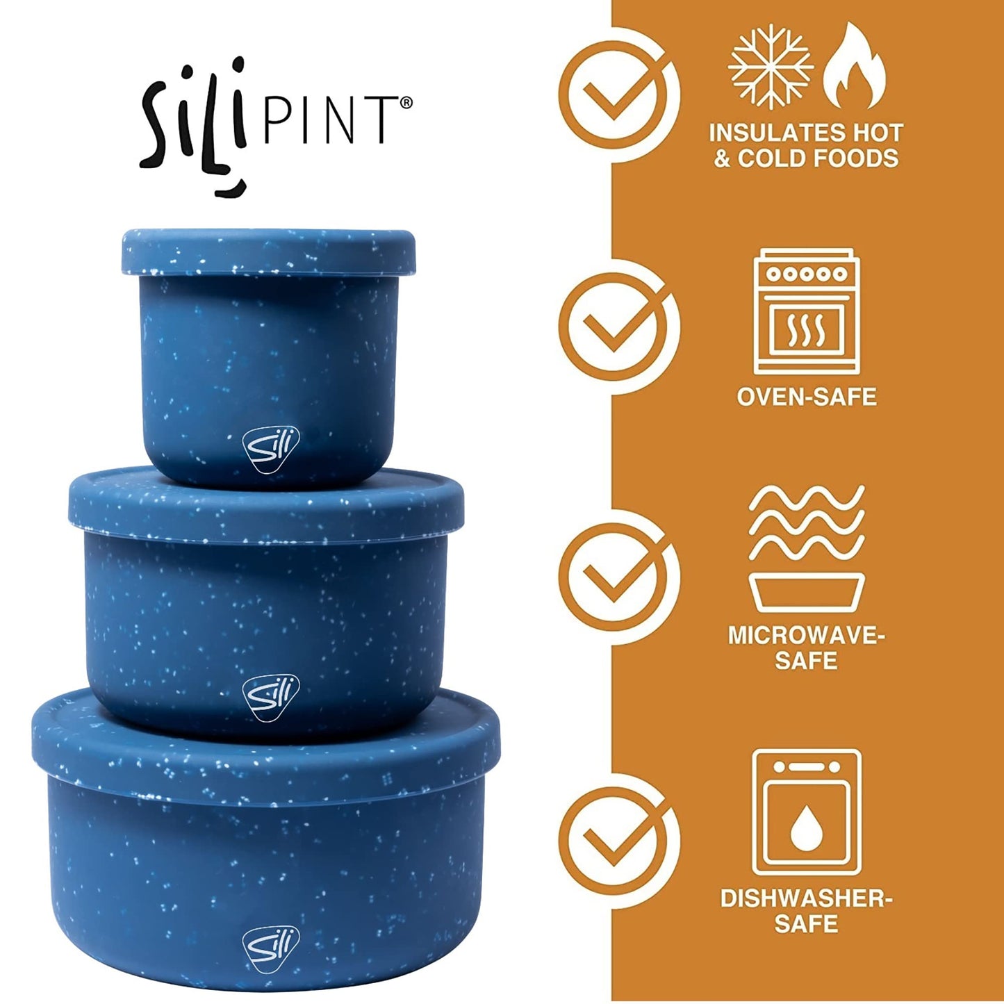 Silipint: Silicone Lidded Bowls: Set of 3: Speckled Blue - 10, 20 & 30oz - Flexible Unbreakable, Storage, Sustainable, Non-Slip