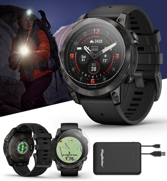 PlayBetter Garmin epix Pro (Gen 2) Sapphire (Carbon Gray DLC/Black, 47mm) GPS Outdoor Watch Bundle - AMOLED Display & Built-in Flashlight - Includes Screen Protectors & Portable Charger