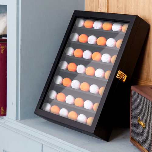 Sintuff 49 Golf Ball Display Case Solid Wood Golf Ball Holder Rack Gift Black Display Rack Cabinet Wall Mount Shadow Box for Enthusiast Collectibles with Lockable Acrylic Door