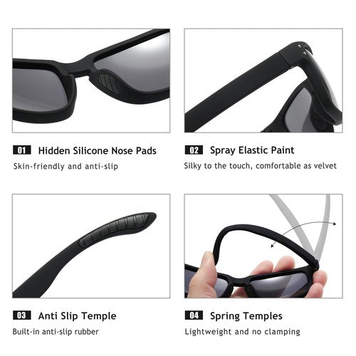 SUNGAIT Polarized Sports Sunglasses for Men Women: Black Retro Square Shades UV400 for Driving Fishing Cycling Running Golf