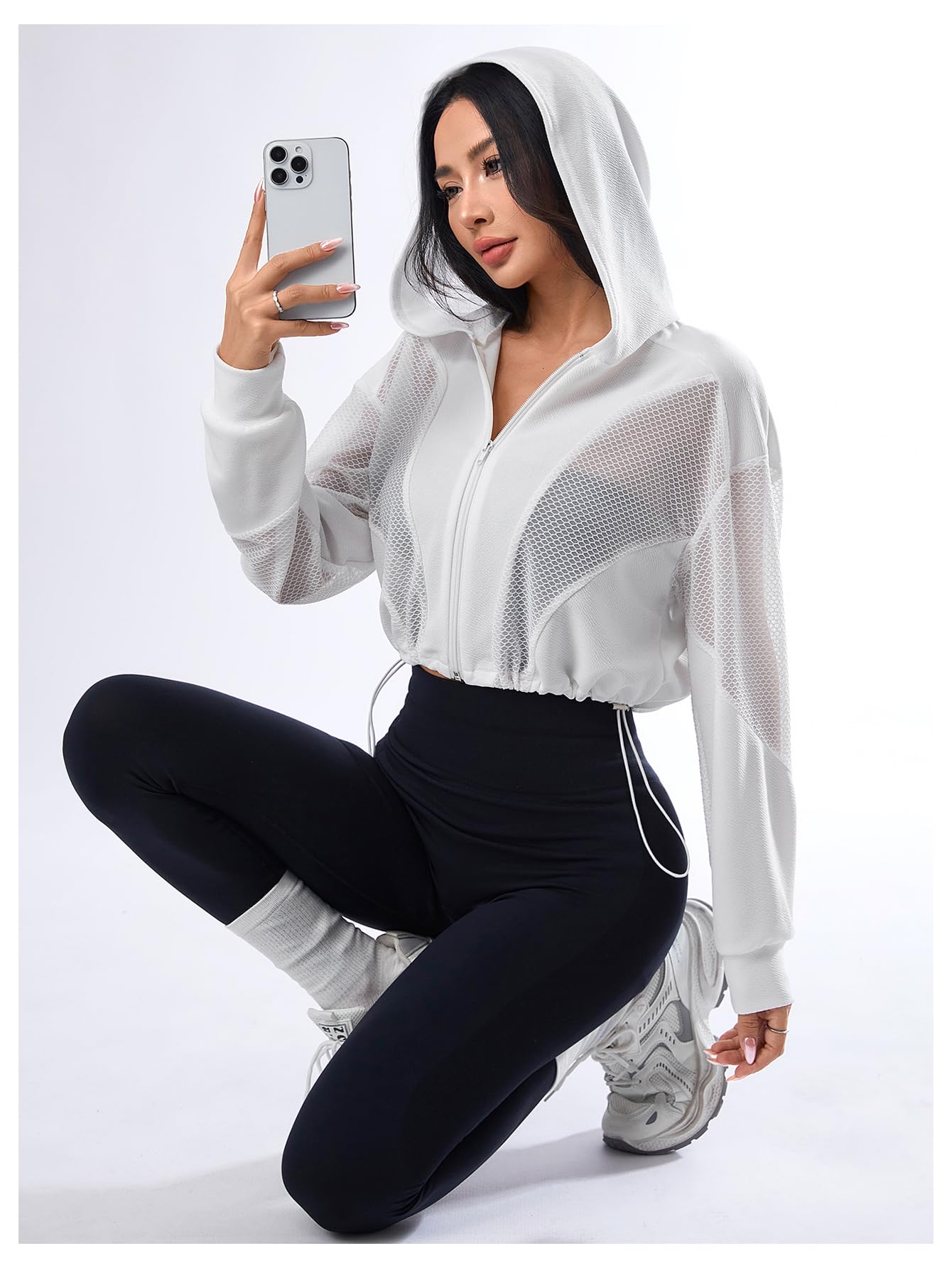 SweatyRocks Women's Zip Up Drawstring Hem Cropped Hoodie Mesh Workout Sports Track Lightweight Jacket Pure White M