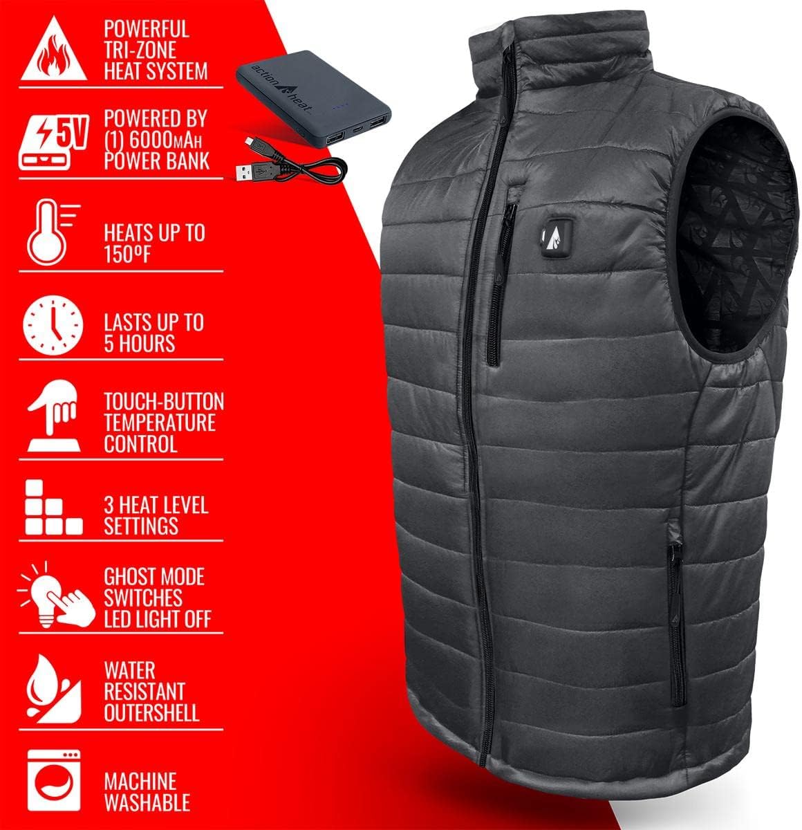 ActionHeat 5V Battery Heated Insulated Puffer Vest for Men – Heat Clothing, Tri-Zone Heating System Winter Outdoor