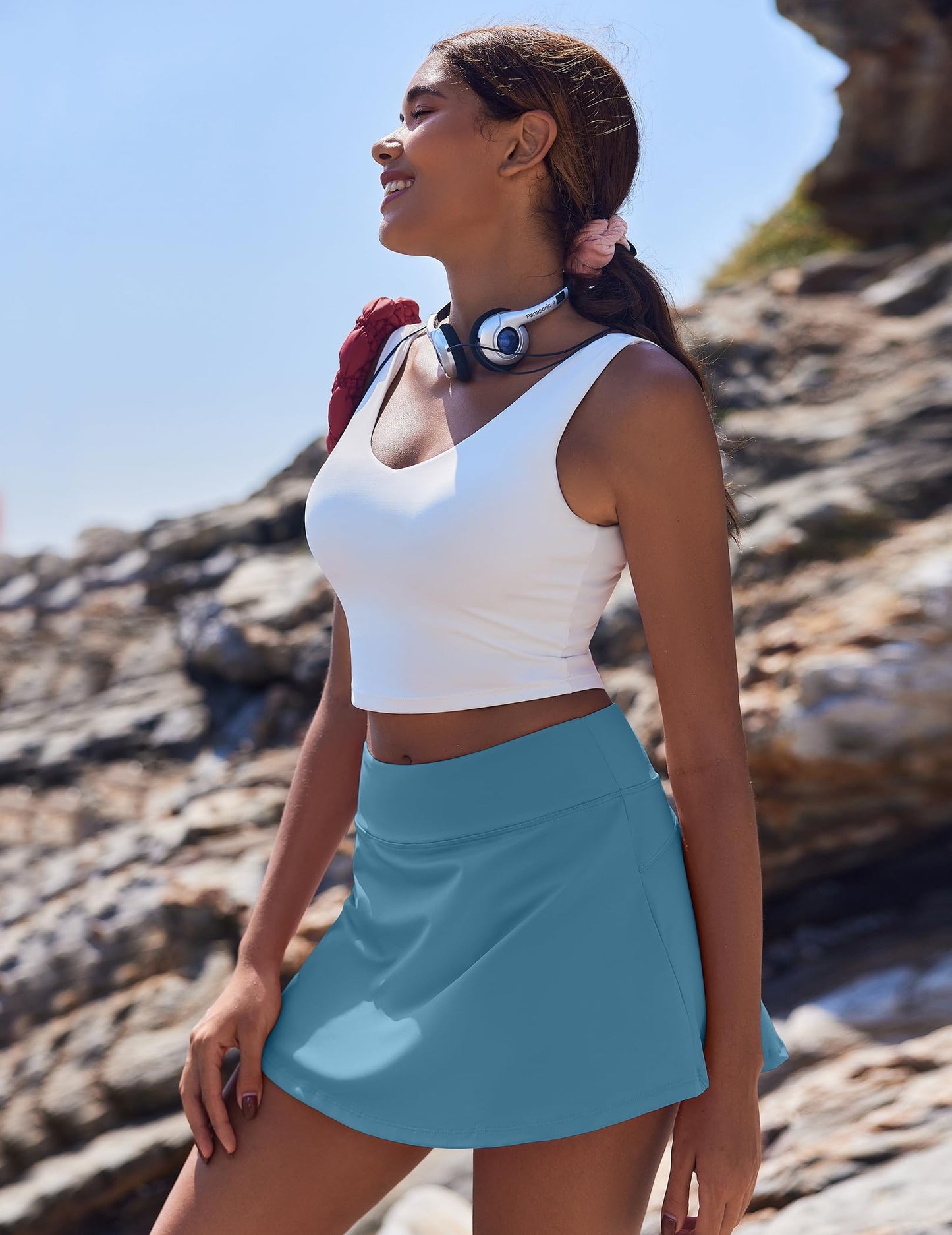 PINSPARK Tennis Skirts for Women Athletic Skort with Pockets Pleated Mini Golf Skirts Tummy Control, Oasis Blue Small