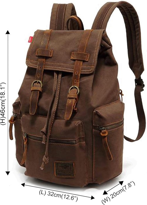 HuaChen Vintage Canvas Backpack with Leather Accents – Durable Travel Rucksack for Hiking, Camping, and Everyday Use – Men and Women M32-Gray-L