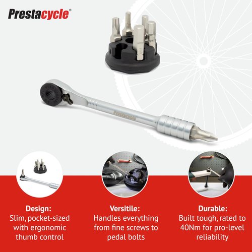 Prestacycle Prestaratchet Micro Pocket Ratchet Kit with (6) S2 Bits and Round Holder Stand – Compact 1/4" Hex Ratchet Tool, Reversible Thumb-Wheel, Heavy-Duty 40Nm Torque