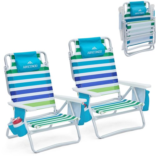 Beach Chair, Beach Chairs for Adults 2 Pack, Outdoor Folding Beach Chairs for Adults, Supports up to 350lbs with 5 Positions, Towel bar, Cooler Pouch, Storage Pouch.