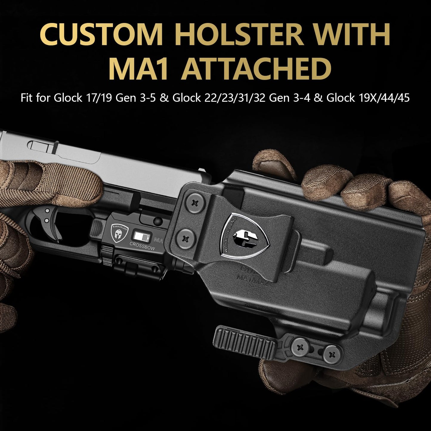 WARRIORLAND MA1 800 Lumens Rail Mounted Universal Pistol Light, Combo Custom Holster for Glock 17/19 Gen 3-5 & 22/23 /31/32 Gen 3-4 & 19X /44/45, Rechargeable | Screen Power Status