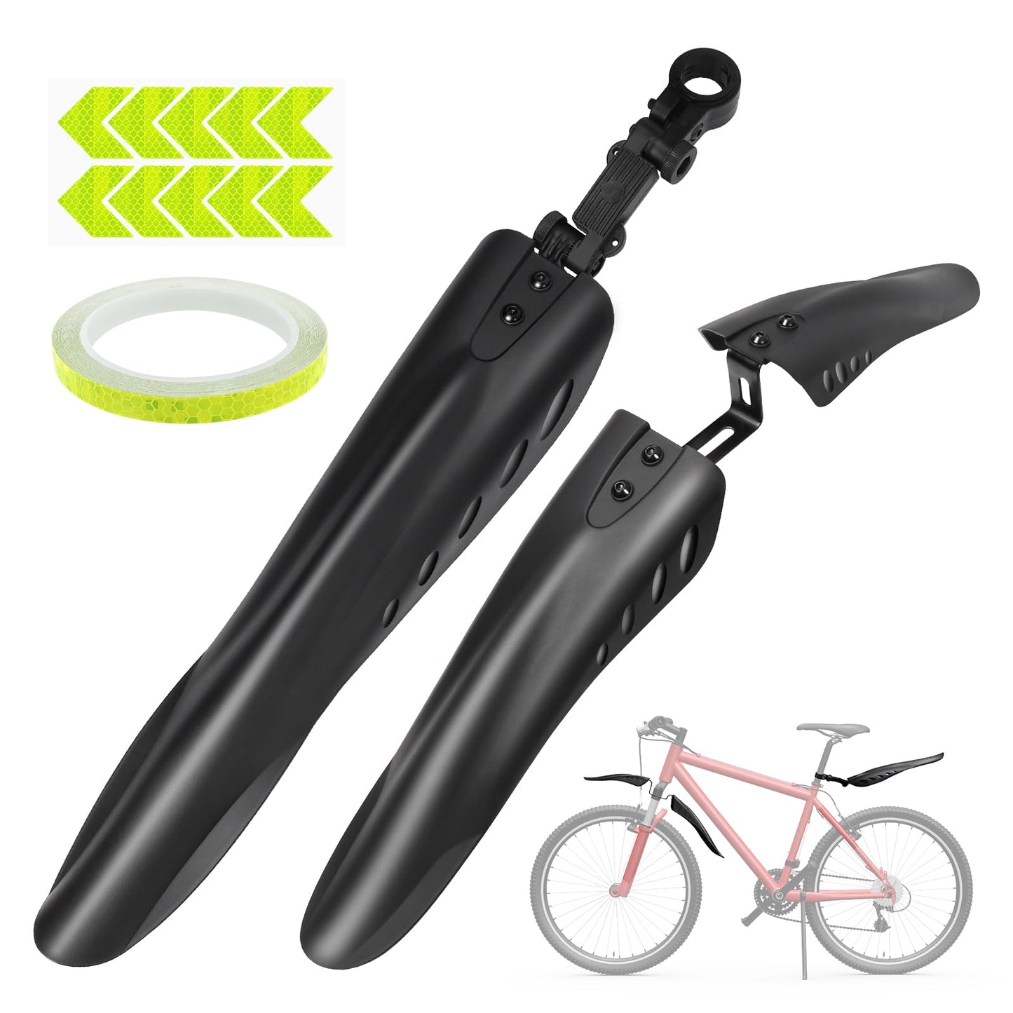 Amengsen Bike Fender Set with 26ft DIY Reflective Tape, Adjustable Bicycle Fenders for 24"/26"/27.5", 4 Parts-Universal Full Cover Thicken Widen, Front/Rear Mud Guards Fit for MTB Mountain Road Bike