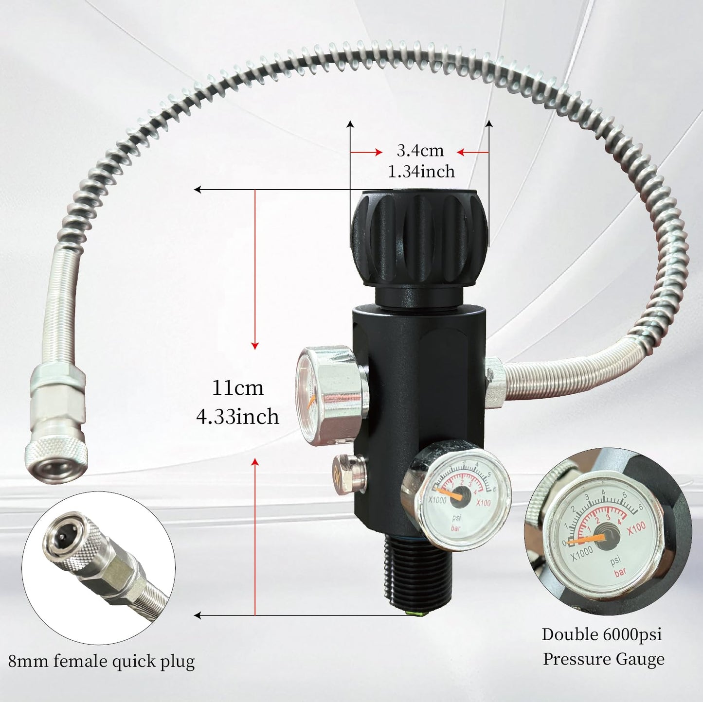 5/8-18UNF Thread 4500psi Black Paintball Fill Stations Adapter Valve Charging Valve PCP Air-Gun Tank Charging Valve Dual Gauge Valve (Non Regulated) with 20 Inches High Pressure Hose