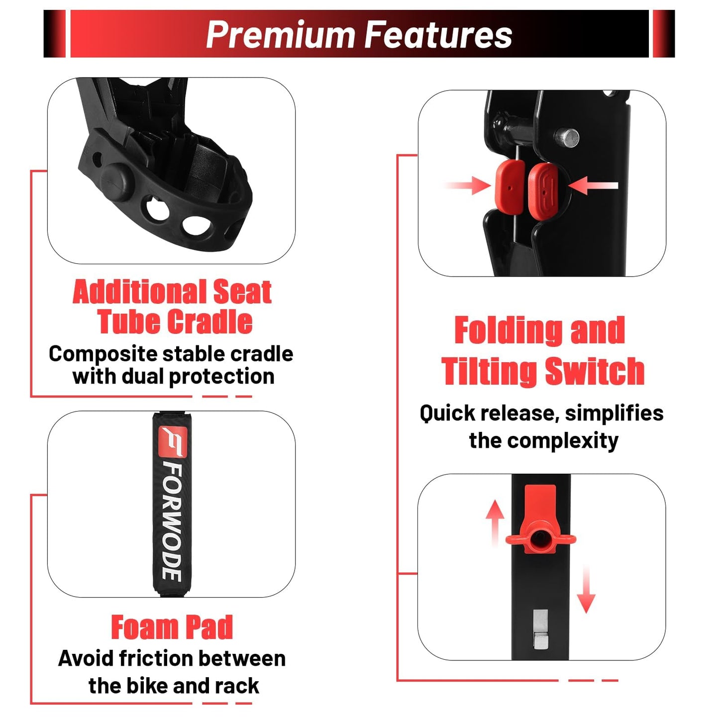 Forwode 4 Bike Hitch Mount Rack, Tiltable Foldable Bicycle Carrier Wobble Free Locking Hitch Quick Release 2-Inch Receiver Black (C-Upgraded versin, 4Bike)