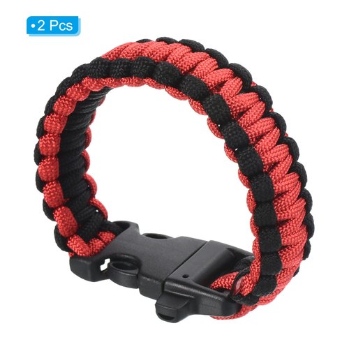 PATIKIL Survival Paracord Bracelets, 2 Pack Braided Parachute Bracelet with Plastic Buckle Party Favors Camping Gifts Outdoor Wraps for Men, Black, Red