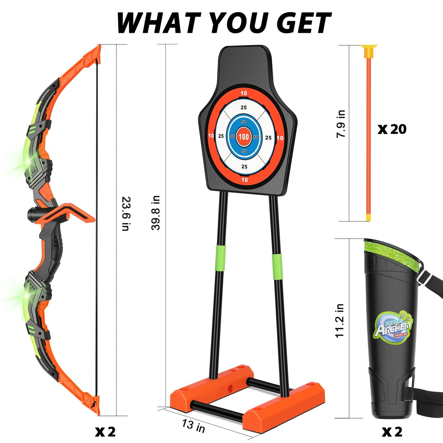 KIZJORYA Bow and Arrow for Kids 8-12, Upgraded Kids Archery Set with Automatic Moving Target, Sport Game Toy with 20 Suction Cup Arrows 2 Led Light Bows&Quivers, Gift for Boy Girl Age 3 4-6 10(2Pack)