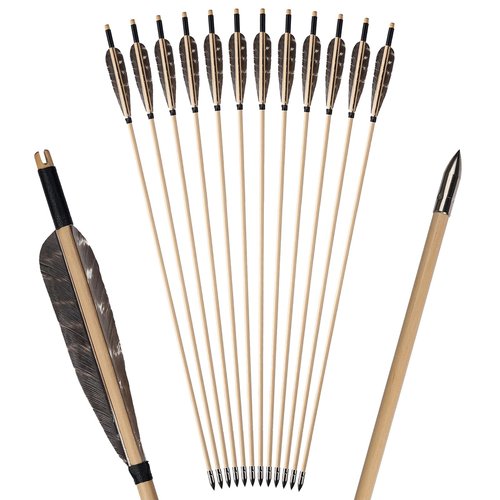 S F 12Pcs 31.5 inch Wooden Arrow, 5 inch Natural Color Natural Feathers, Adult Archery, Handmade Wooden Hunting Arrow for Traditional Bow, recurve Bow, Longbow