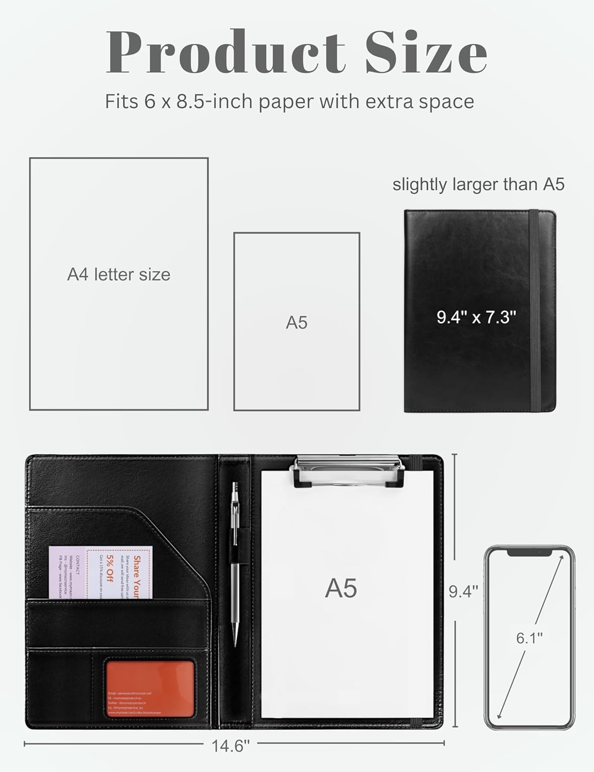 Small Clipboard Junior Padfolio Folio 7 x 9 Writing Pad Refillable, Mymazn Faux Leather Folder A5 for Notepad Legal pad 5 x 8 Junior Size Portfolio (Black)