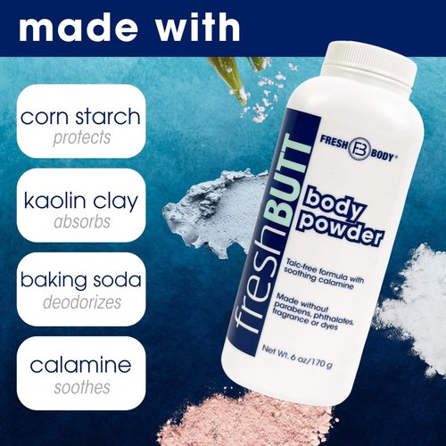 Fresh Butt Body Powder for Women & Men - Anti-Chafing, Anti-Itch, Odor & Sweat Absorbing + Calamine - Friction Fighting, Talc-Free, Unscented, 6oz