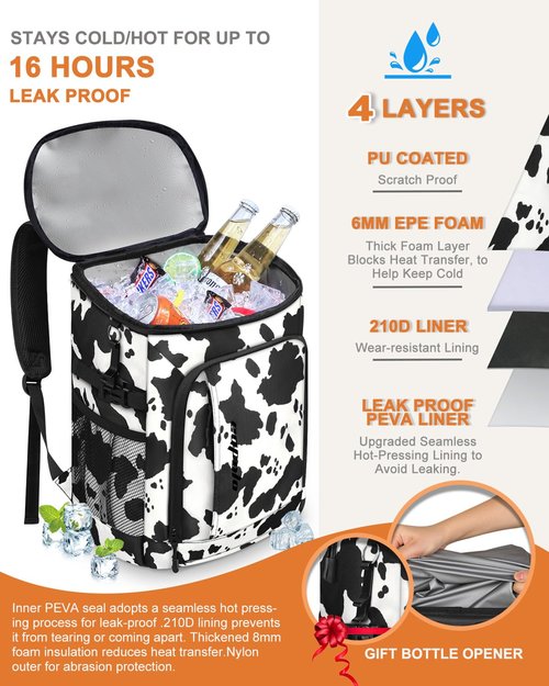 Capolo Cooler Backpack Insulated Waterproof for Women Men, Leak Proof Thermal Bag Soft Travel Cooler Portable Ice Chest Lunch Backpack for Camping Picnic (Cow Print, 36 Cans)