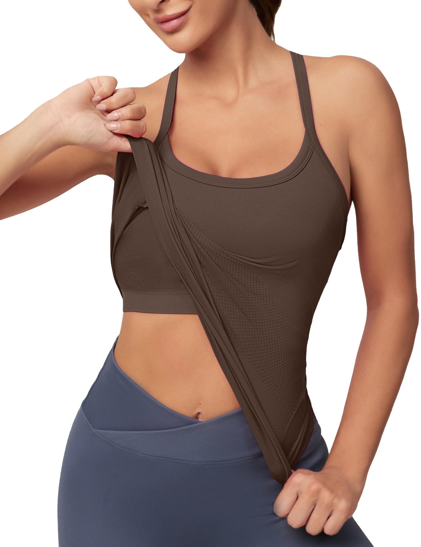 MathCat Workout Tank Tops for Women with Built in Bra, Sleeveless Gym Tops Seamless Racerback Athletic Yoga Shirts Light Coffee