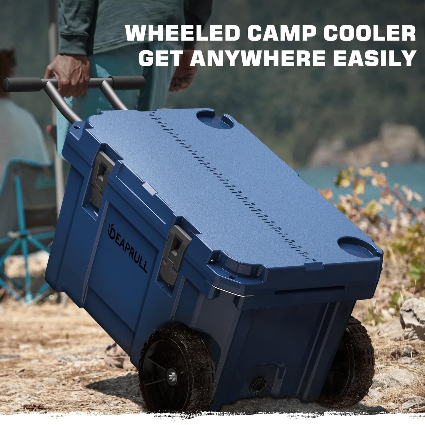 55 Quart Cooler with Wheels, Ice Chests Portable Camping Cooler Holds Ice up to 6 Days, Leak-Proof Outdoor Insulated Cooler with Handle, Cup Holders, Hard Cooler for Camping, Beach, Boat, Navy Blue