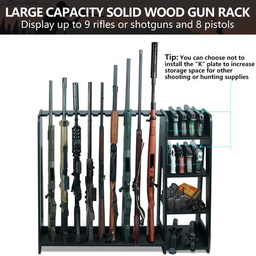 Semohop Gun Racks,Wooden Rifle Racks with Pistol Rack, Floor Standing Shotgun Rack Indoor, Gun Display Rack for Home Garage Gun Storage - Holds up to 9 Long Guns and 8 Handguns