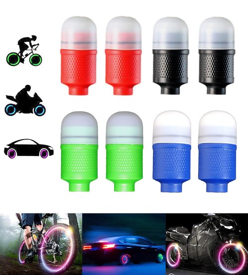 YUERWOVER 8 Pack LED Bike Wheel Lights Car Tire Valve Stems Caps Bicycle Motorcycle Waterproof Tyre Spoke Flash Lights Cool Reflector Accessories for Kids Men Women with 6 Extra Batteries(Multicolor)