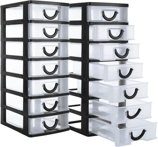 LANIAKEA 2PCS Plastic Drawers Organizer 13.7x5.1x6.7inch Stackable Plastic Drawer Storage Containers with 7 Clear Drawer Units Desktop Storage for Craft, jewelry (Black)