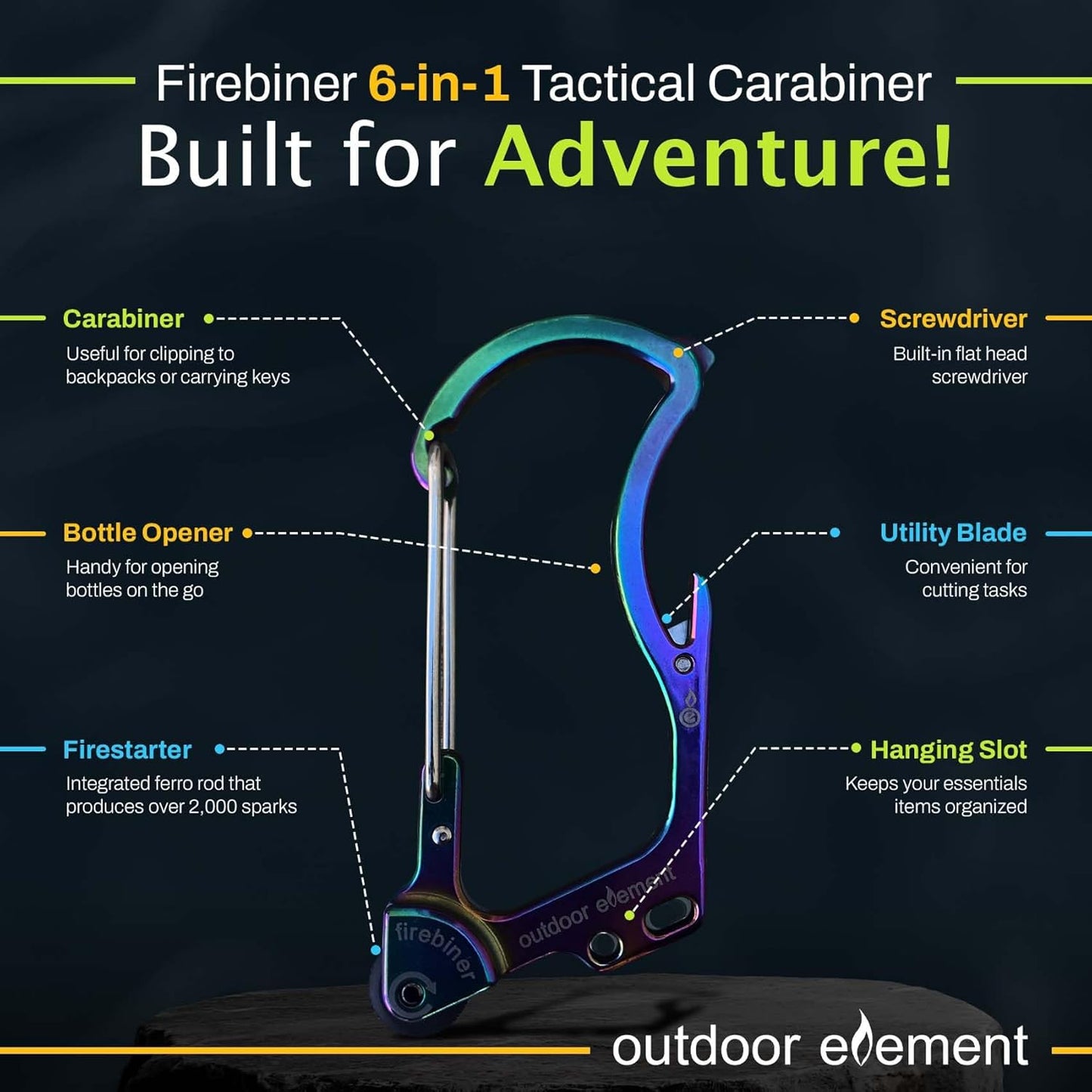 Firebiner 6-in-1 Fire-Starting Carabiner EDC Emergency Multitool -Keychain,Utility Blade,Bottle Opener,& More