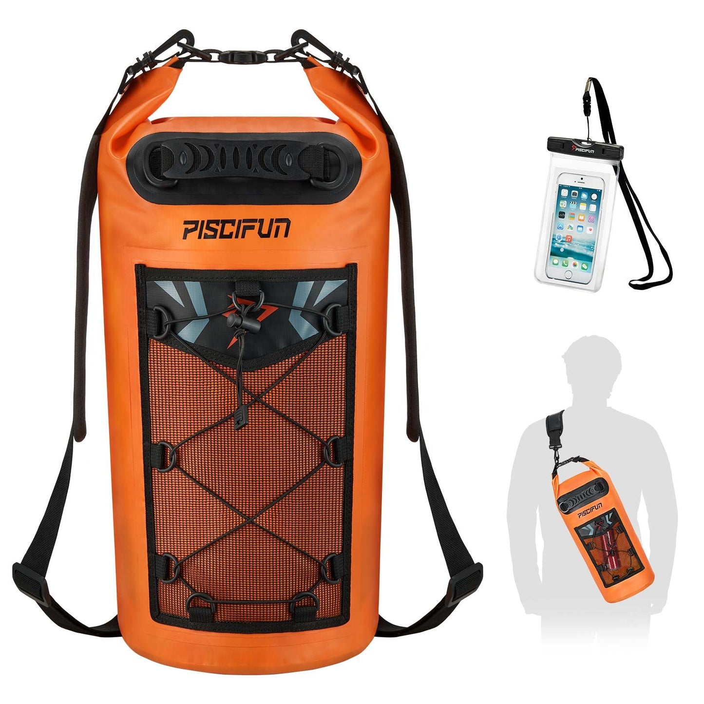 Piscifun Dry Bag, Waterproof Floating Backpack 10L with Waterproof Phone Case for Boating, Kayaking, Fishing, Orange 10L