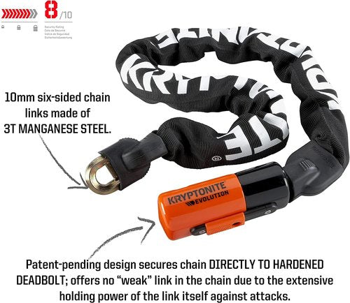 Kryptonite Evolution Bike Chain Lock, 3 Feet Long 10mm Steel Chain Heavy Duty Anti-Theft Sold Secure Gold Bicycle Chain Lock with Keys for Bike, Motorcycle, Scooter, Bicycle, Door, Gate, Fence