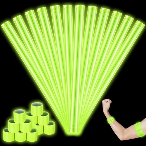 Halloscume 12 Pcs Reflective Arm Bands 15.75 in Reflective Snap Bands Slap Bracelets High Visibility Safety Ankle Strips for Night Walking Cycling Running Jogging Hiking(Green)