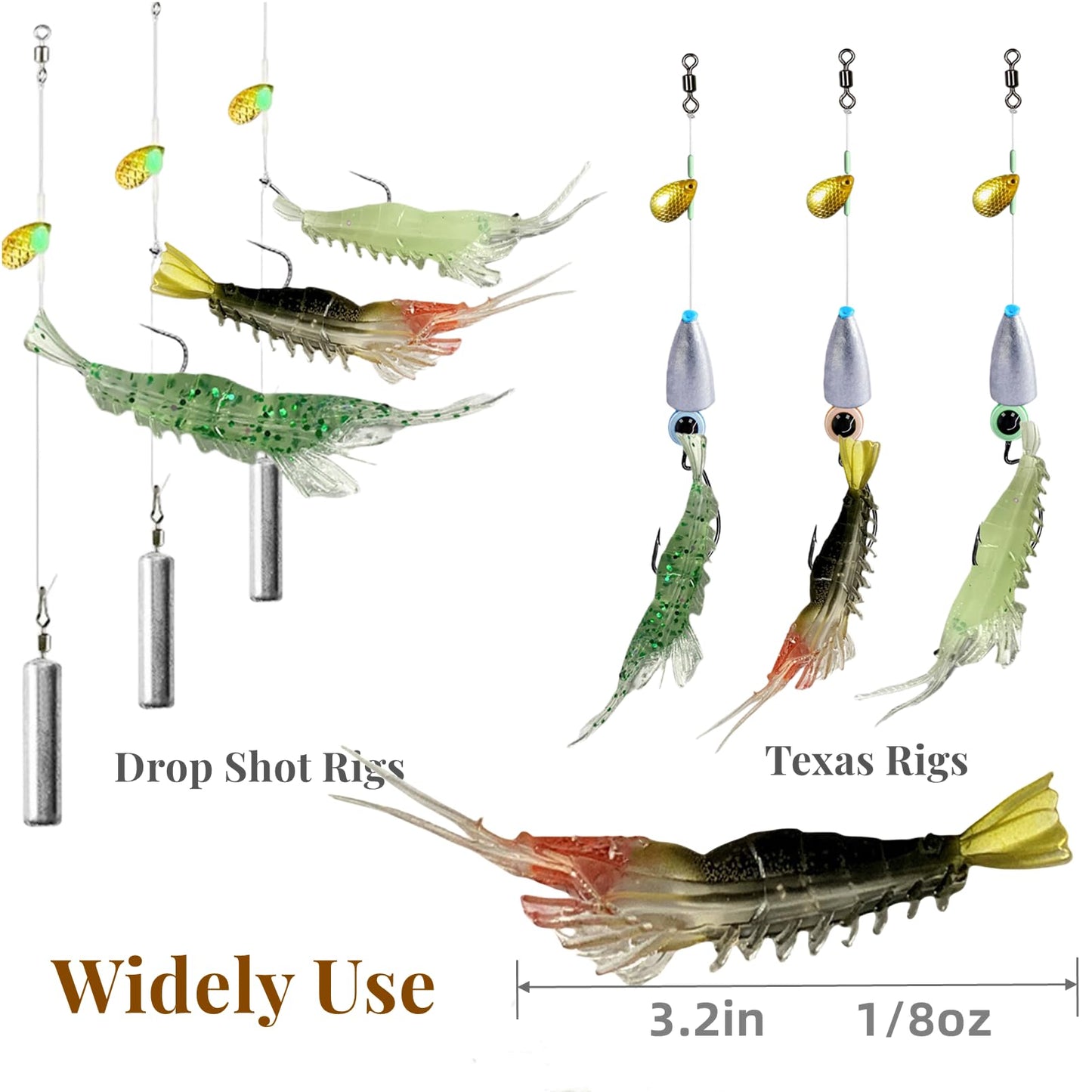 DAMIDEL 30Pcs Simulation Fishing Soft Plastic Lures Bait Kit, Lumionous Shrimp Lures Set, Universal Size 3.2in, 1/8oz, Bass Fishing Tackle