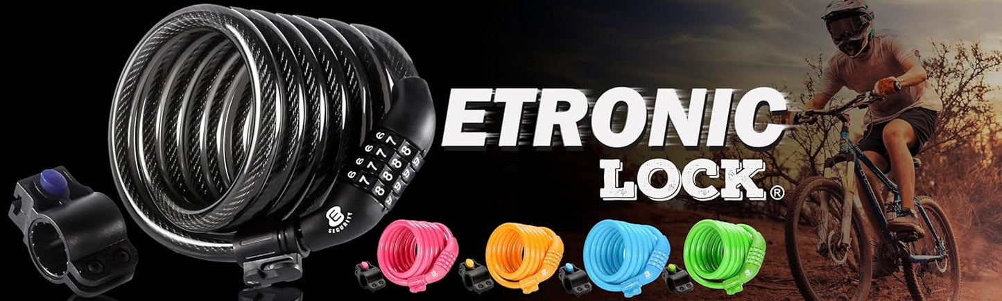 Secure Etronic 6ft Coiled Bike Lock - Resettable Combo Lock with Mounting Bracket