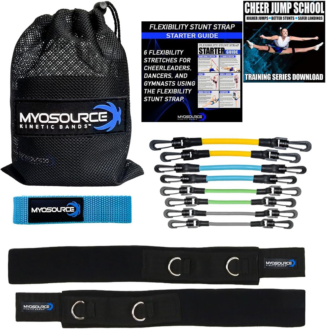 Cheer Kinetic Bands Cheerleader Flexibility and Strength Training | Improve Jumps, Stunts, Landings | 4-Level Leg Resistance Bands & 12 Stunt Strap Color Options, Digital Training Downloads