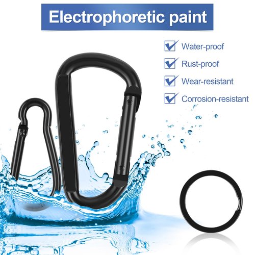 Heavy Duty Carabiner Clip by [Brand], 850lbs, 3 Pc Set: D Shaped + 2 Pc Set Gourd Shaped, 6 Key Rings, Spring Hooks Black for Outdoors, Gym, Keychains