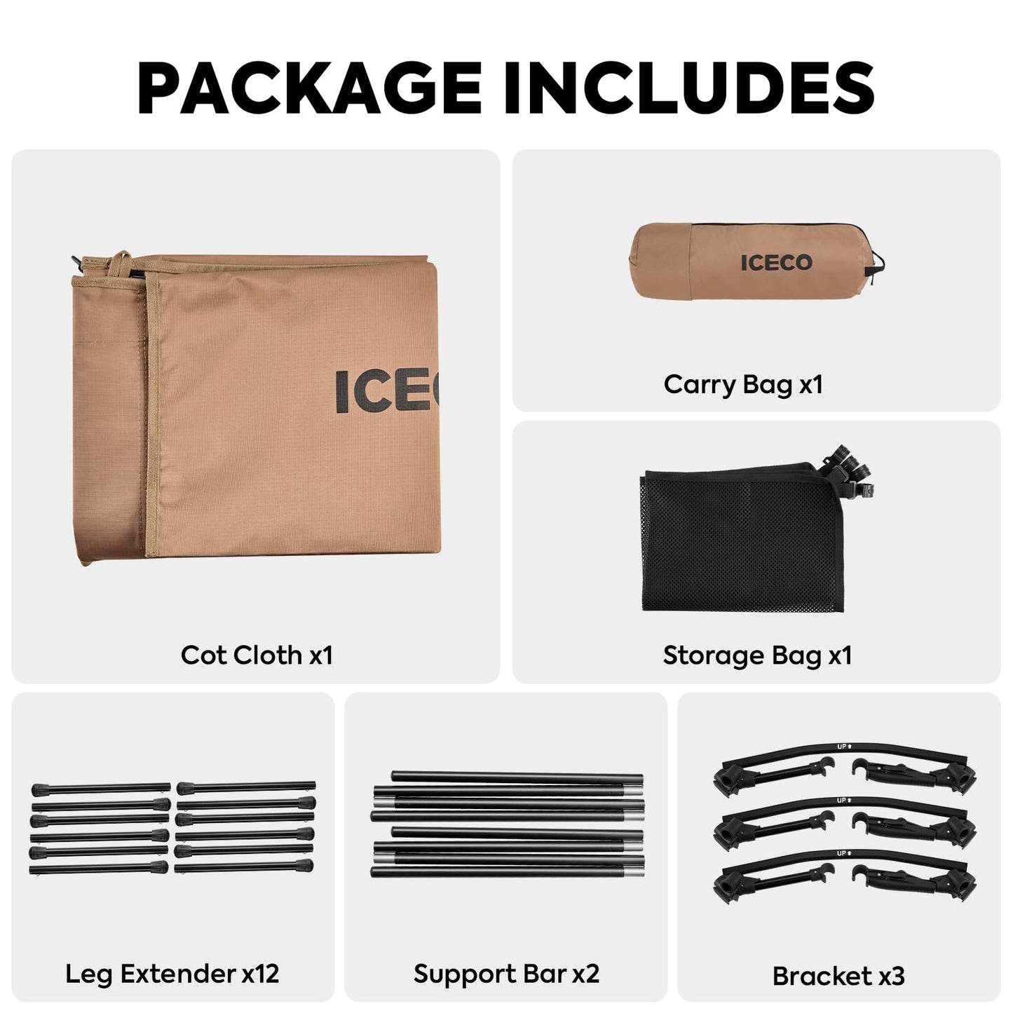 ICECO Camping Cots for Adults, Height Adjustable with Cot Leg Extenders, Strong Support 330lbs, 900D Oxford Fabric, Ultralight Comfortable, Sleeping Bed for Camping, Hiking, Beach, Home (L-Khaki)
