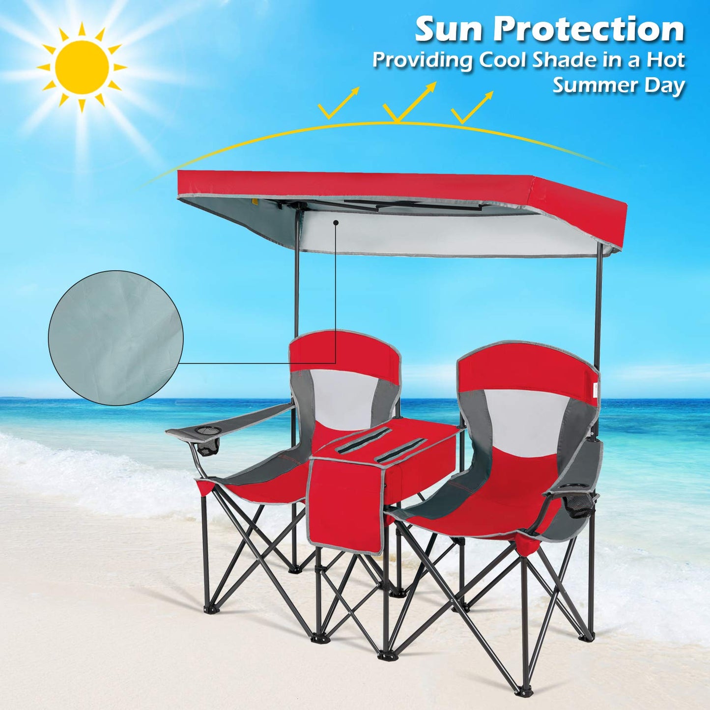 COSTWAY Double Camping Chair, Portable Camping Chair with Canopy, Cup Holder, Iced Bag, Storage Bag, Carrying Bag, Folding Loveseat for Adults, Outdoors Sport, Red