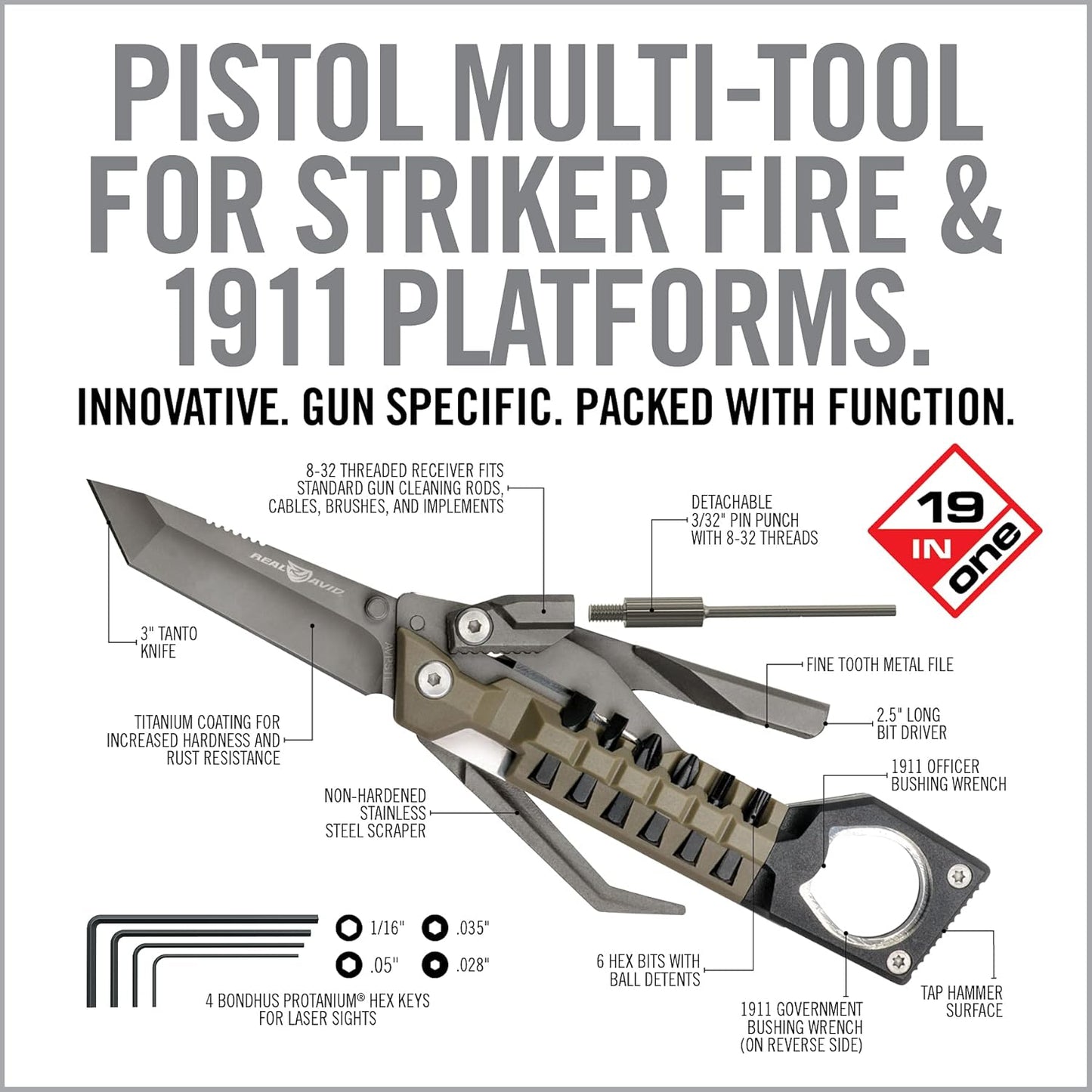 Real Avid Pistol Tool for Gun Maintenance | 19 in 1 Pistol Multitool & Handgun Utility Tool for Striker Fired & 1911 Platforms, Includes 1911 Bushing Wrench, Tanto Knife & Laser Sights Adjusters