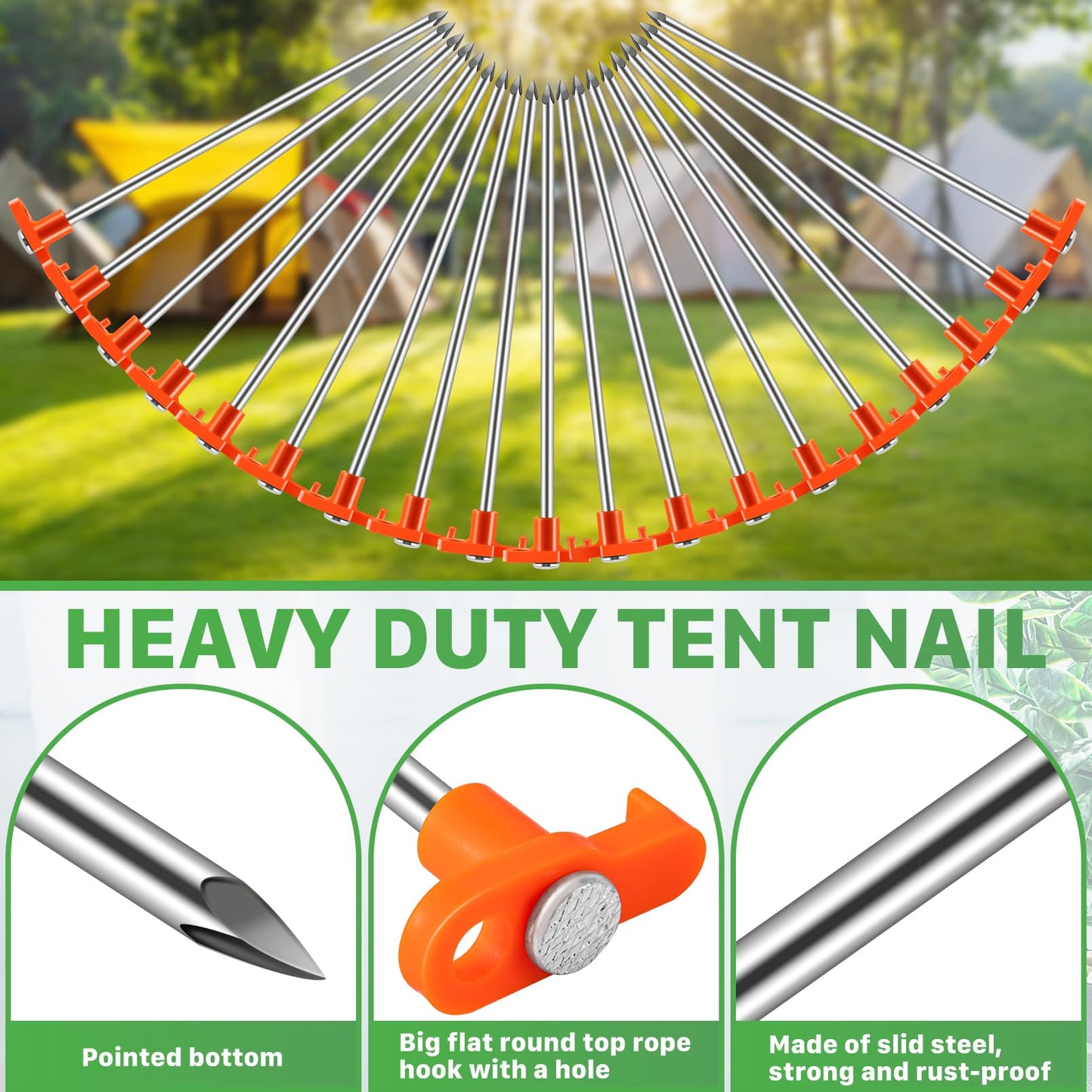 IJRPLM 20 Pack Tent Stakes,10 Inch Heavy Duty Metal Tent Pegs,Tent Pegs Camping Stakes,Non-Rust Ground Stakes Tent Spikes for Outdoor Camping Garden,with 2 Pcs 10FT Ropes(Orange)