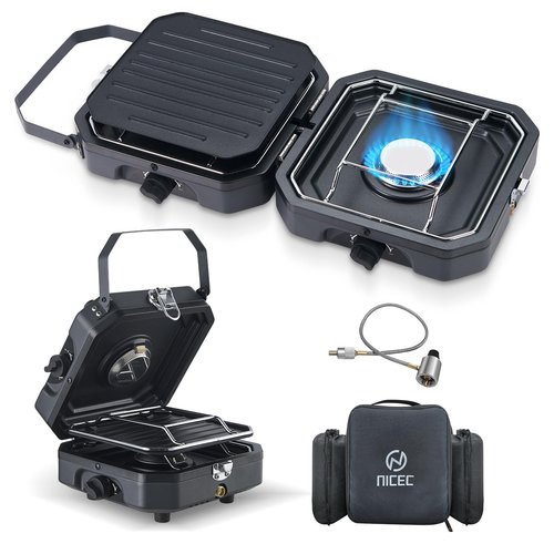 Nice C Camping Stove, Portable Camping Stove Propane, 2 Burner Propane Stove with Grill, Camp Stove, 16,000 BTU Camp Stove with 2 Burner, Grill & Carry Bag for Camping