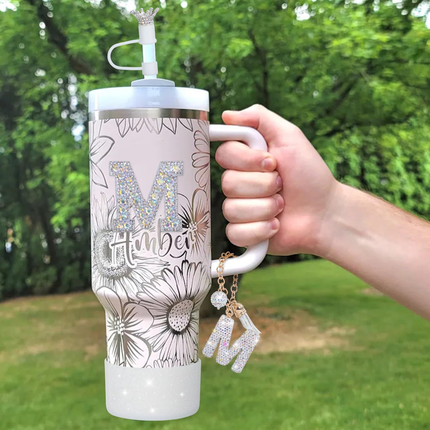 foci cozi Letter Charms for Stanley Cup Handle,Silicone Boot Accessories Charms for Stanley Cup 40oz 30oz,Crown Straw Cover Topper & Diamond Sticker(M)