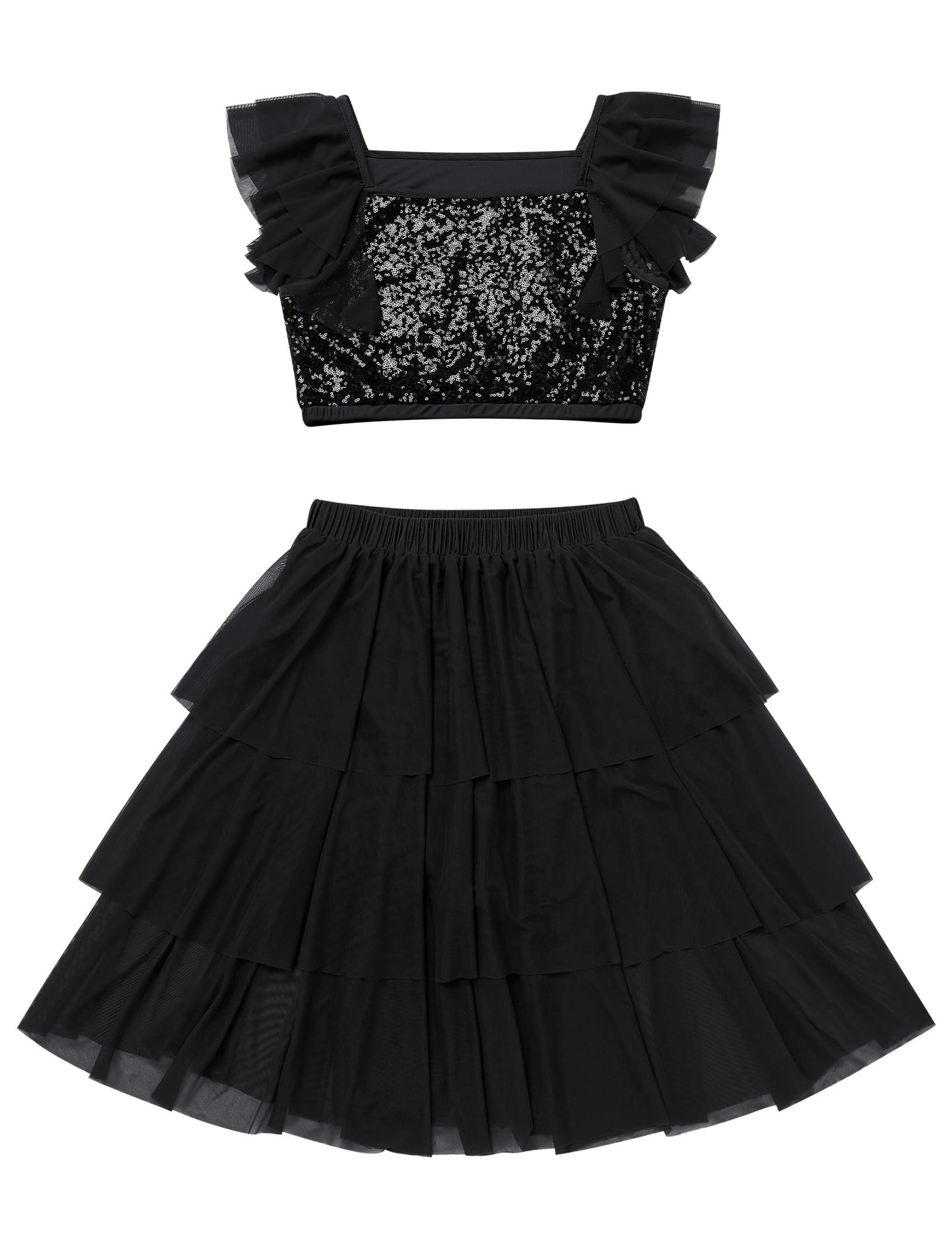 Lyrical Dance Dress for Women Ruffle Sleeve Square Neck Sparkly Sequins Crop Top Tiered Chiffon Midi Skirt Teen Girl Contemporary Dance Outfits Ballerina Dance Dress Black S