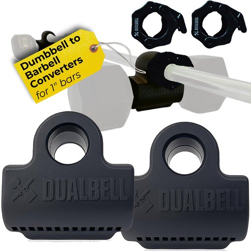 DUALBELL Dumbbell Barbell Converters- Pair Black w/black weight collars for 1", 25mm bar- Connect Dumbbells to 1" standard diameter bar, barbell adapters to replace weight plates- 250lb capacity