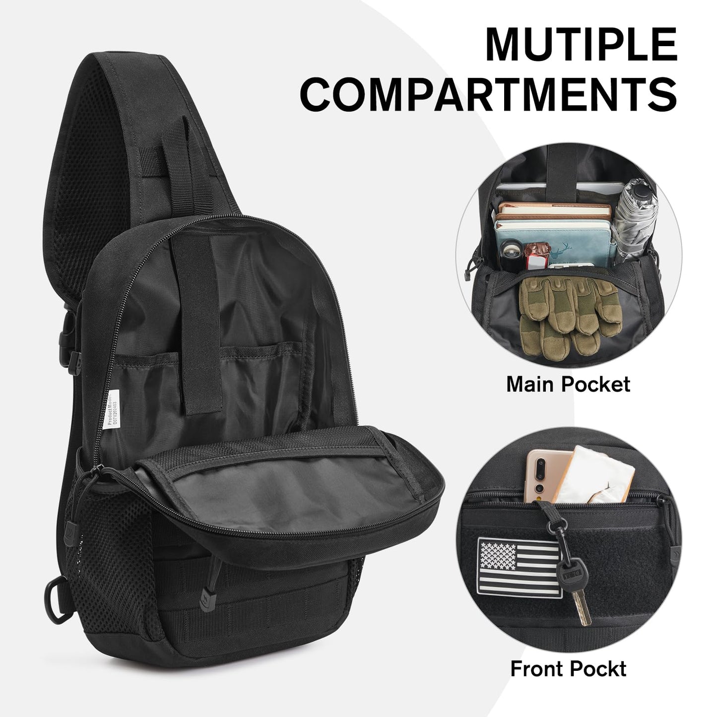 G4Free Tactical Sling Bag Backpack for Men,Military Durable Shoulder Pack Tactical Bag for Travel, Hiking, Outdoor Sports Black