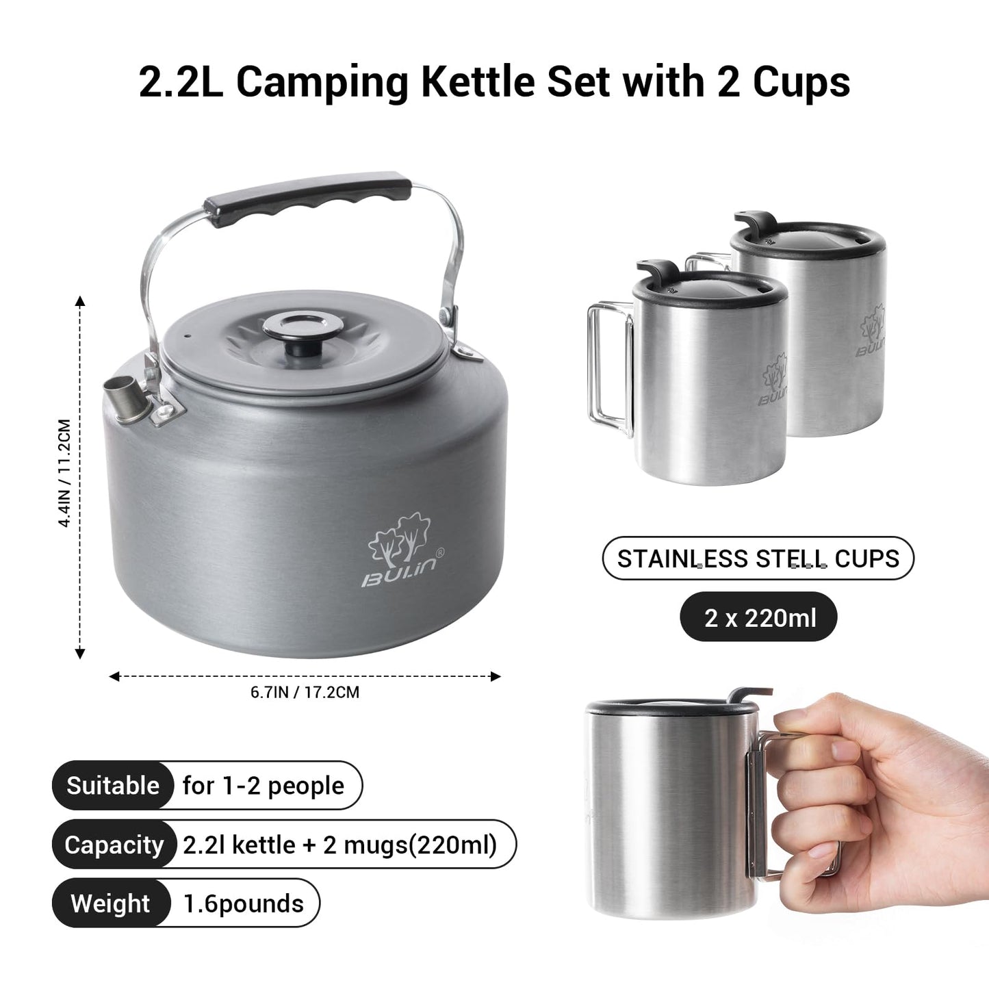 Bulin Camping Kettle, 2.2L Large Portable Stovetop Tea Kettle Fast Heating Boiling Hot Water for Open Fire Lightweight Coffee Pot with 2 Camping Cups & Lids for Outdoor Hiking Picnic Travel