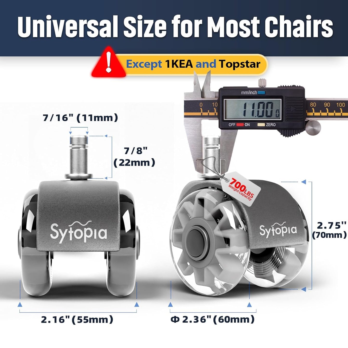Mastery Mart Office Chair Caster Wheels for Hardwood Floors, Heavy Duty and Quiet Smooth Rollerblade Wheels for Office Chair, Universal Size (11x22mm), Suitable for Most Chairs