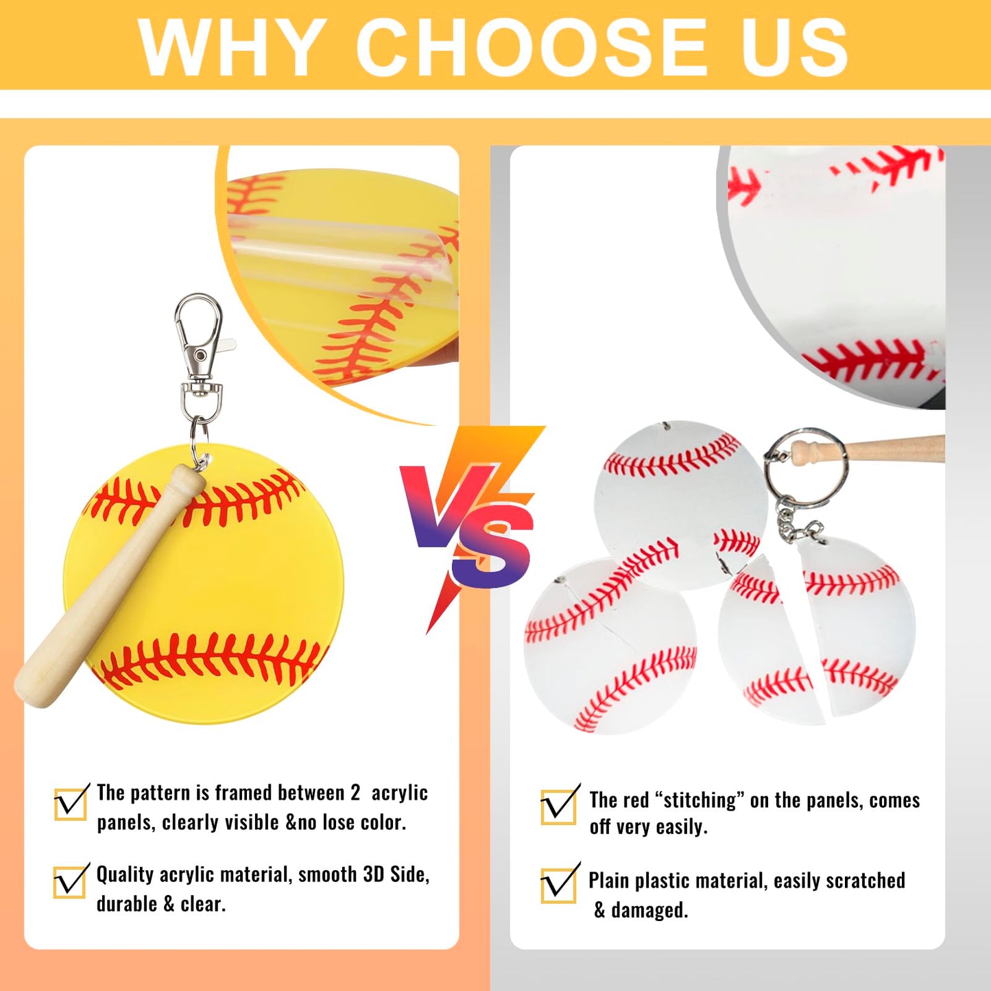 18 Sets Baseball Softball Acrylic Keychain Blanks Kit, AUHOKY 18Pcs Acrylic Baseball Blanks with 18 Miniature Softball Wood Bat, 18 Swivel Snap Keychain Hooks, 2 Pen for DIY Sports Party Favor(Yellow)